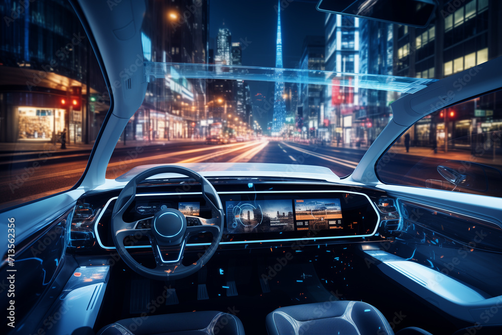 Automated driving systems and autonomous vehicles. An Interactive Navigation App on an Augmented Reality Dashboard while Sitting in an Autonomous Self-Driving Zero-Emissions Electric Car.