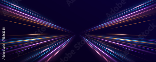 Panoramic high speed technology concept, light abstract background. Vector dark blue abstract background with ultraviolet neon glow, blurry light lines, waves. 