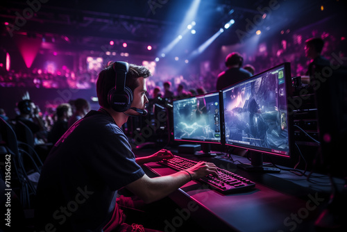 E-sports and virtual competitions. Crowded esports stadium detail, a proplayer at a stadium competing in a great match. Male gamer is competing in e-sport by playing video games on computer . Arena