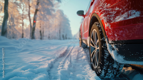 A red car is seen driving down a snow covered road. This image can be used to depict winter driving or a scenic winter road trip photo