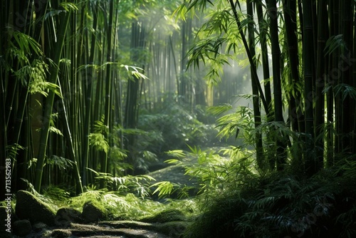 A detailed view of a dense bamboo forest with its sturdy trunks and lush foliage. Generative AI