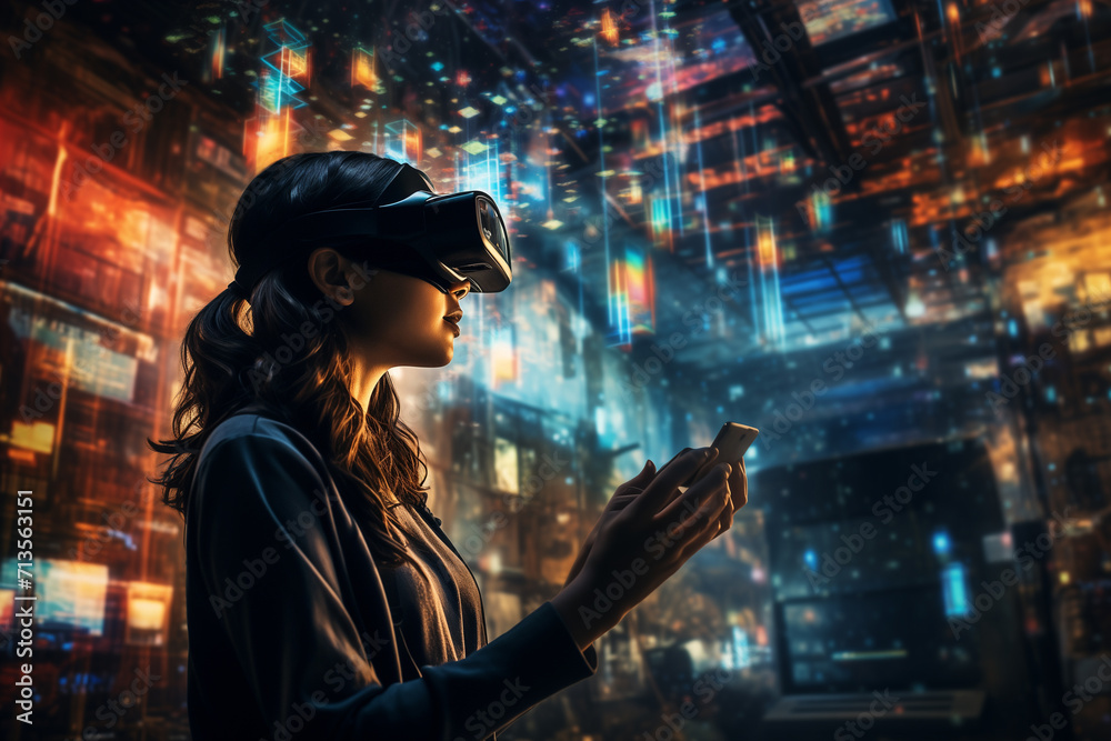 Virtual reality. Metaverse VR virtual reality game playing, woman play metaverse virtual digital technology game control with VR goggle