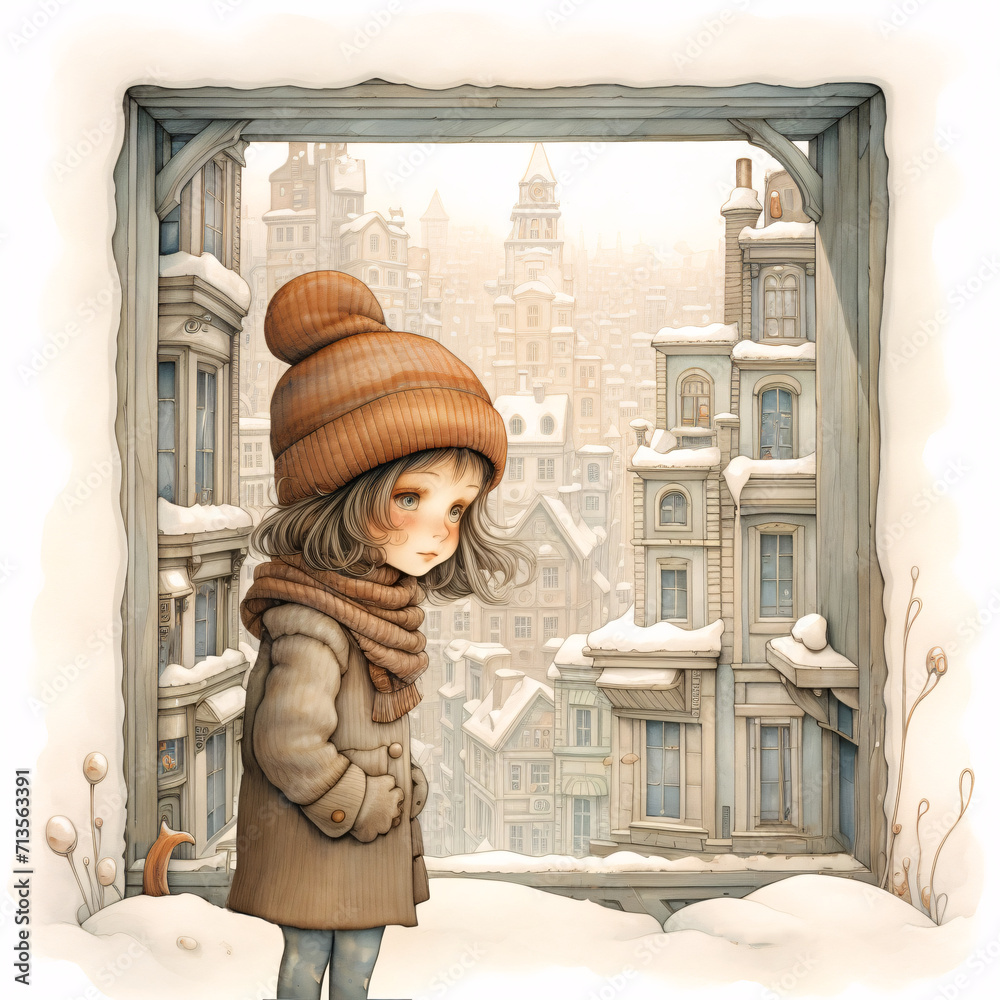 illustration of a girl at a window in winter, gazing at snowflakes, lost in contemplation and warmth
