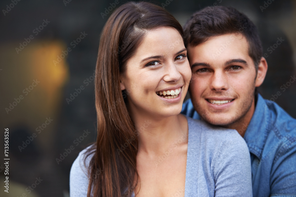 Outdoor, together and happy portrait of couple with support, care and love in marriage. Smile, man and woman relax in backyard on vacation, holiday or laughing with partner in summer with freedom Outdoor, together and happy portrait of couple with support, care and love in marriage. Smile, man and woman relax in backyard on vacation, holiday or laughing with partner in summer with freedom