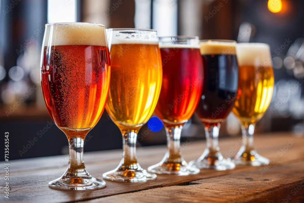 Glasses with different sorts of craft beer on wooden bar. Tap beer in pint glasses arranged in a row. Closeup of five glasses of different types of draught beer in a pub. Glasses with different sorts of craft beer on wooden bar. Tap beer in pint glasses arranged in a row. Closeup of five glasses of different types of draught beer in a pub.