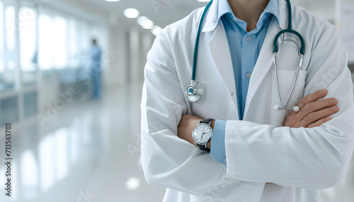 Doctor Man With Stethoscope on white blurred Hospital