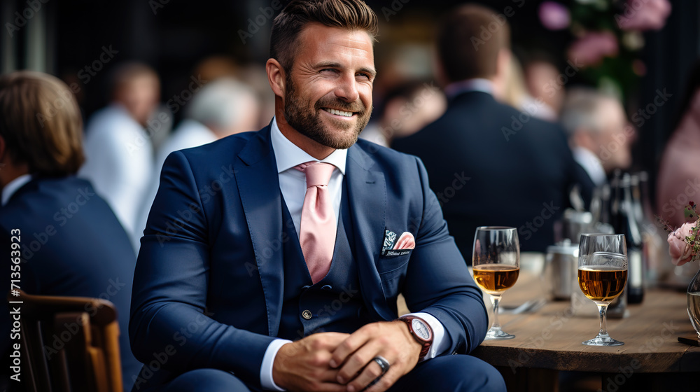 Portrait of a smiling groom sitting at a wedding table in a restaurant. Portrait of a smiling groom sitting at a wedding table in a restaurant.