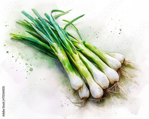 Watercolor of Spring Onion on a White Background
