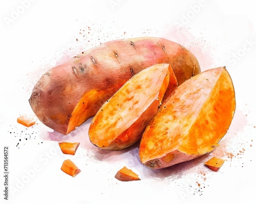 Watercolor Sweet Potato Slice Illustration on White Background
