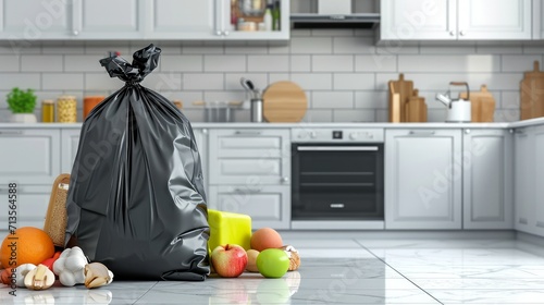 Bag with garbage and rubbish bin in kitchen  photo