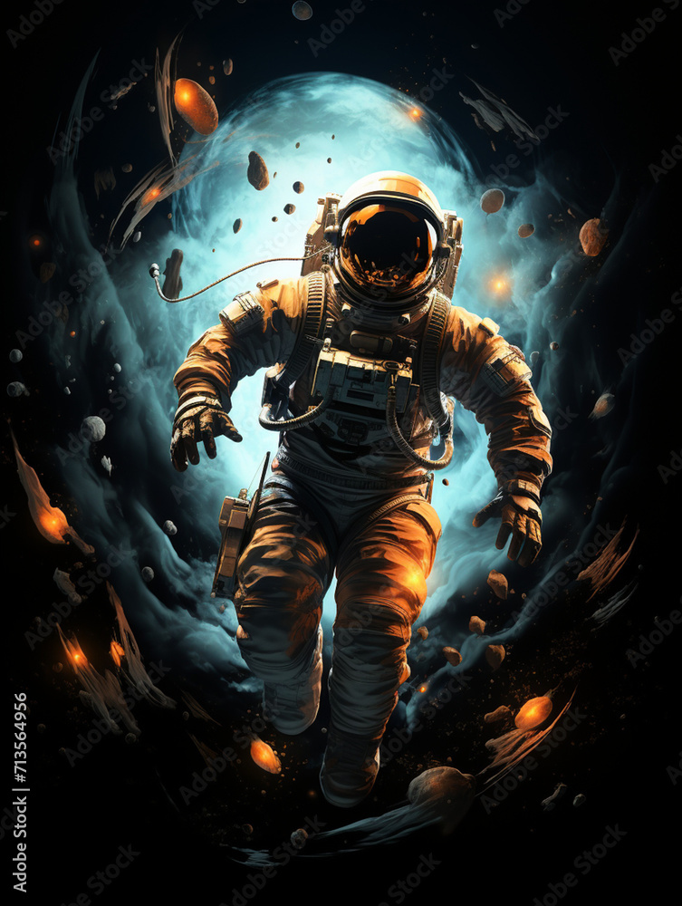 T-shirt design, victorian old photo of astronaut floating in space in earth's orbit near a space capsule created with Generative Ai T-shirt design, victorian old photo of astronaut floating in space in earth's orbit near a space capsule created with Generative Ai