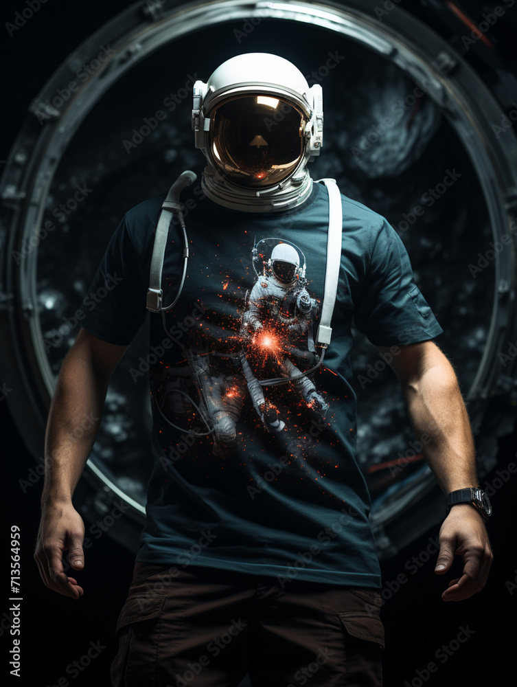 T-shirt design, victorian old photo of astronaut floating in space in earth's orbit near a space capsule created with Generative Ai