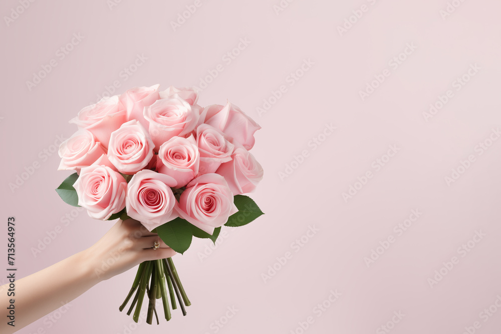 Hand holding a rose bouquet on a pink background. Copy space