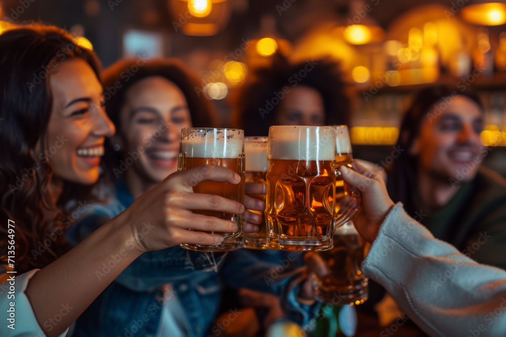 Multiracial group of happy friends having fun while toasting with beer in a bar.