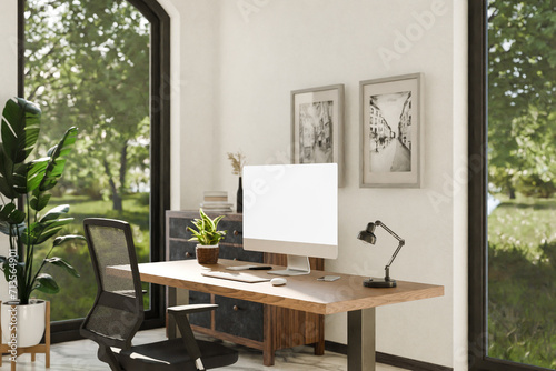 view from angle on modern clean pc workplace  white monitor with copy space  minimalist office background with panoramic view on idyllic garden  digital home office concept  3D rendering © Imillian