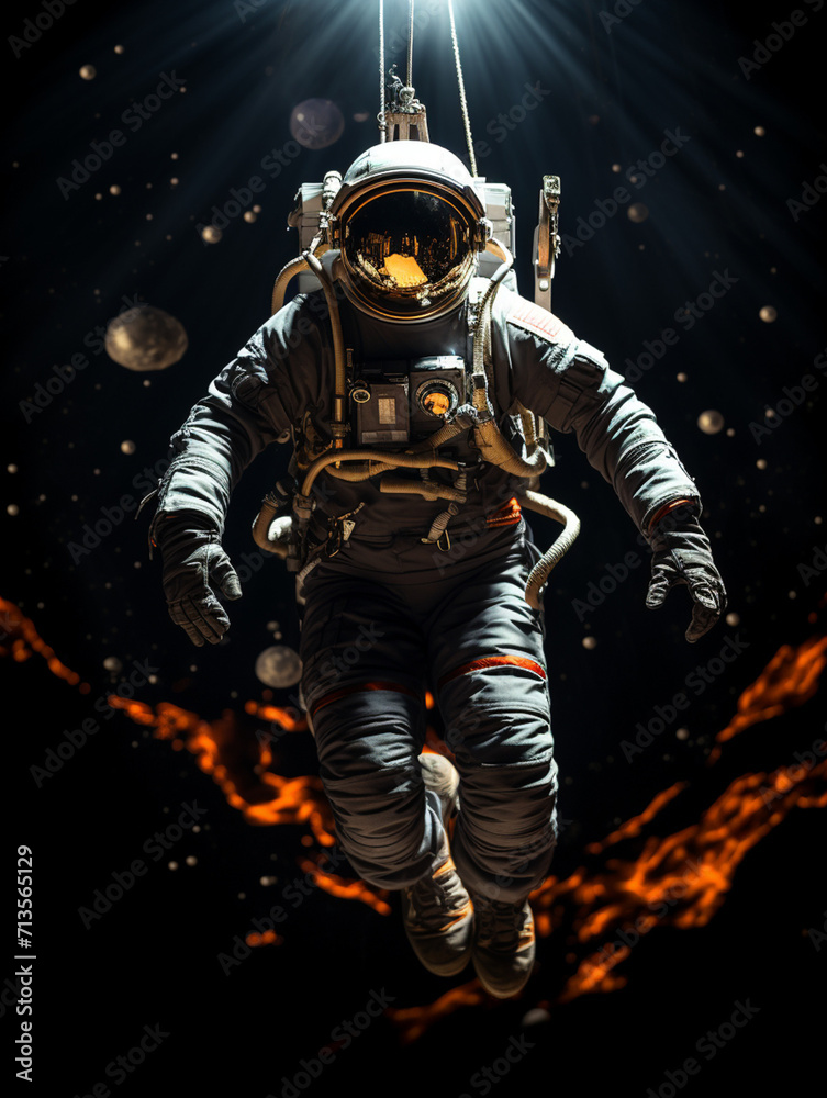 Fototapeta premium T-shirt design, victorian old photo of astronaut floating in space in earth's orbit near a space capsule created with Generative Ai