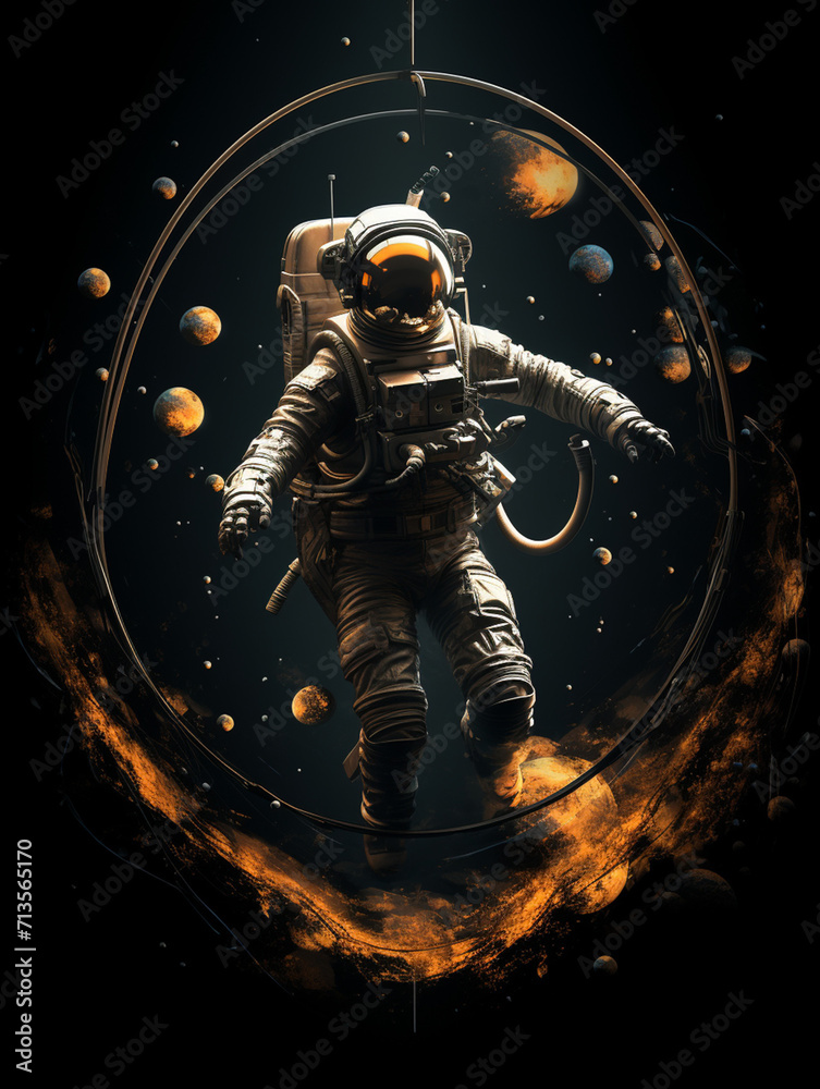 T-shirt design, victorian old photo of astronaut floating in space in earth's orbit near a space capsule created with Generative Ai T-shirt design, victorian old photo of astronaut floating in space in earth's orbit near a space capsule created with Generative Ai