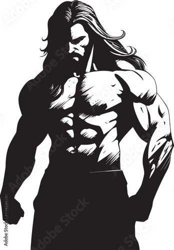 Dynamic Definition Long Haired Bodybuilder Logo Fitness Cascade Vector Icon with Long Haired Model