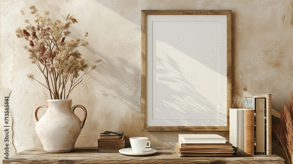 Home office scene featuring an empty wooden picture frame mockup hanging on a beige wall Home office scene featuring an empty wooden picture frame mockup hanging on a beige wall