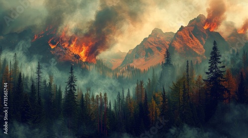 Tableau sur toile Forest fire in the mountains