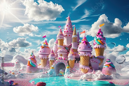 Candy castle, featuring ice cream cone turrets, a frosting covered drawbridge photo