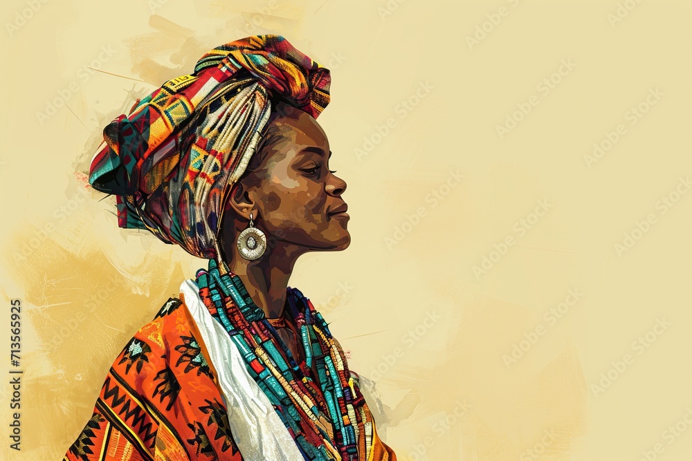 Obraz premium Woman on orange background with earrings and turban