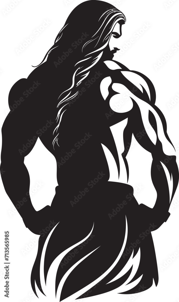 Power Flow Vector Bodybuilder Symbol with Long Hair Vigorous Verve Long Haired Bodybuilder Emblem Design