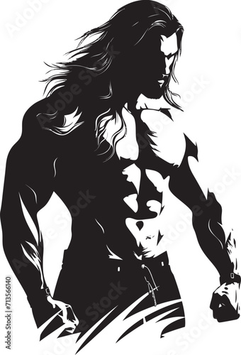 Hair Flip Dominance Vector Logo of Muscular Man Brawny Tress Titan Long Haired Bodybuilder Emblem