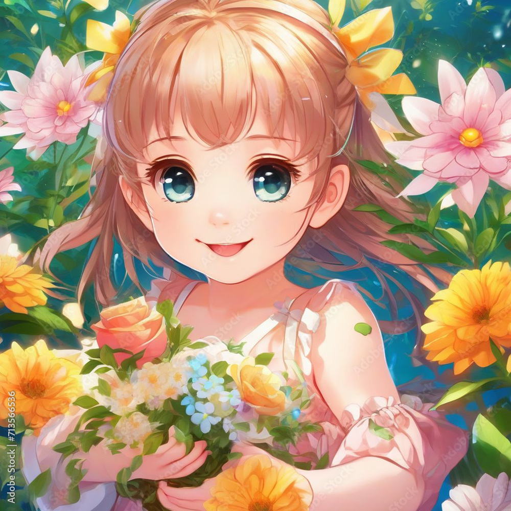 Portrait of a Happy Baby Girl with Flowers