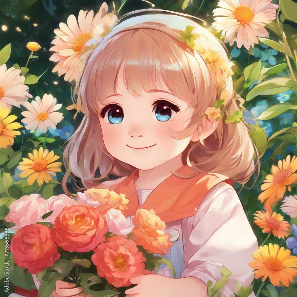 Portrait of a Happy Baby Girl with Flowers