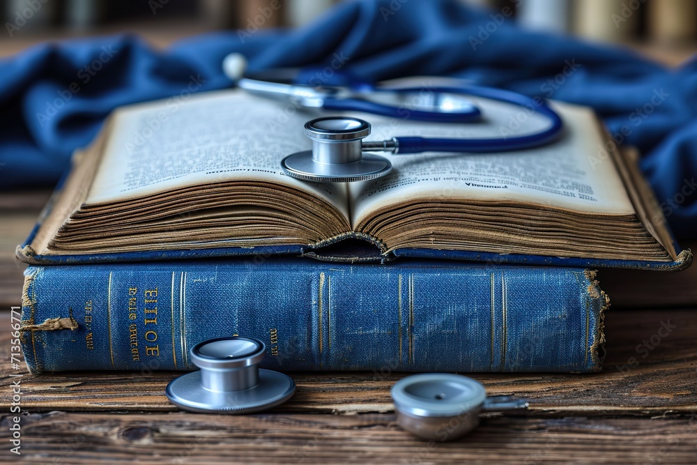 Naklejka premium Closeup medical stethoscope and text book isolated on wooden table background. Space for text.