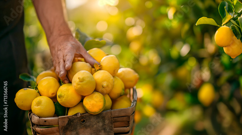 Detalle de las manos de un agricultor que está recolectando limones photo