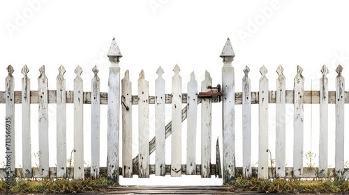 Old white picket fence with gate and wood sidewalk photo