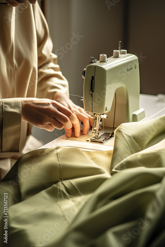 Close-up of a female tailor sewing on a sewing machine. photo