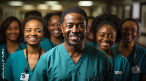 photo of a group of smiling African doctors in a hospital corridor
