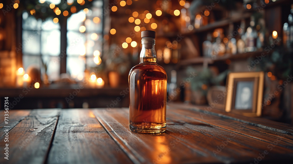 A bottle of whiskey on a table in a pub A bottle of whiskey on a table in a pub