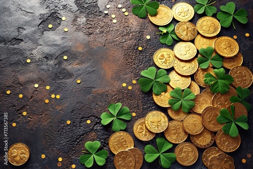 Green leprechaun hat and clover leaves on wooden table, gold lay with space for text. St. Patrick's Day celebration photo