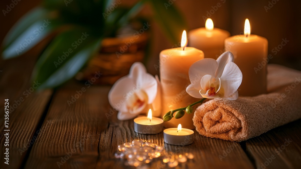 Spa still life with aromatic candles and orchid flower Spa still life with aromatic candles and orchid flower