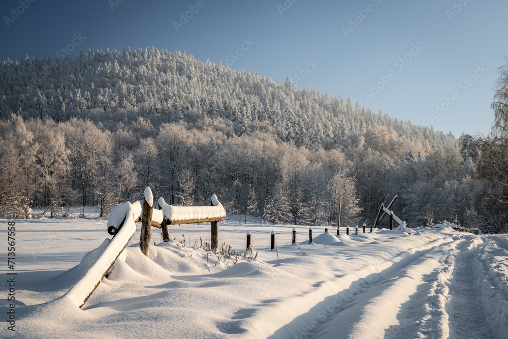 zimowy krajobraz oświetlony zachodzącym słońcem - obrazy, fototapety, plakaty 