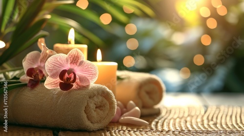 Spa still life with aromatic candles and orchid flower