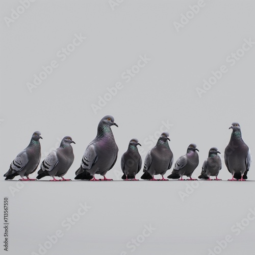 pigeons standing in a row on grey background