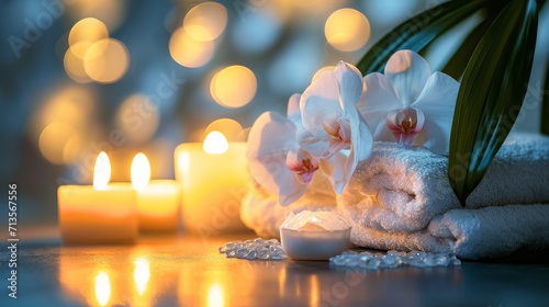 Spa still life with aromatic candles and orchid flower