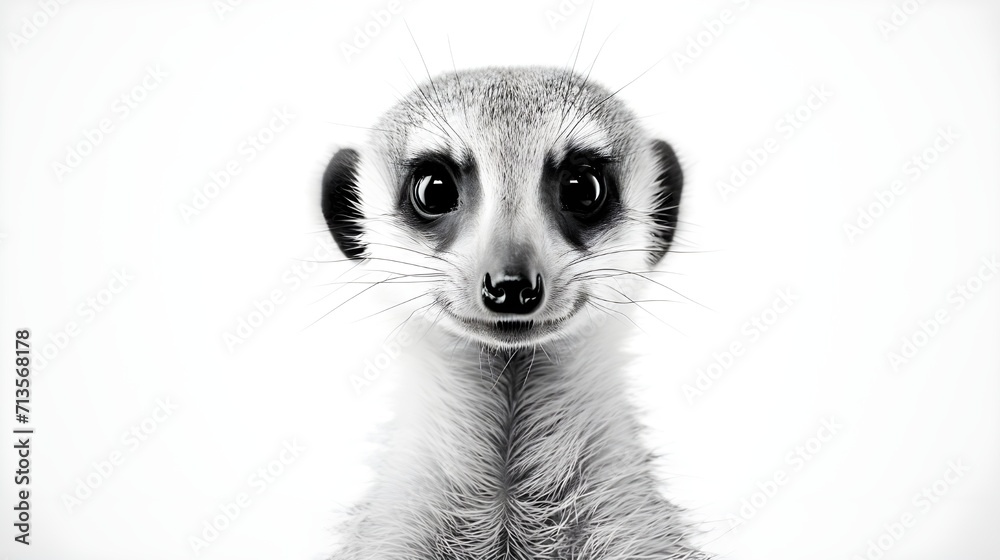 Headshot of a Black and White Meerkat on a White Background