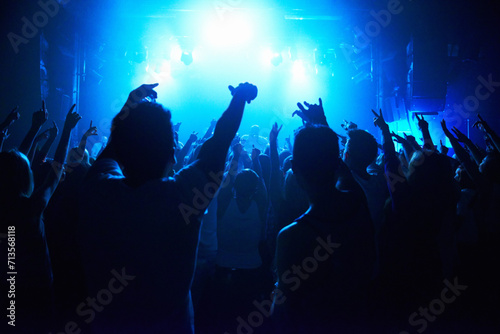 Nightclub, people and crowd with energy and lights for party, concert or rave festival with spotlight and dancing. Disco, psychedelic event and performance with entertainment, audience and rear view