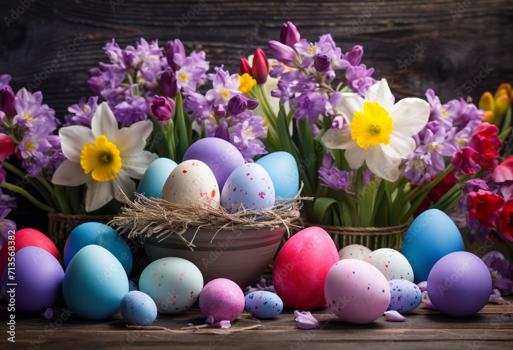 Easter eggs and tulips. Easter Concept. AI generated Easter eggs and tulips. Easter Concept. AI generated