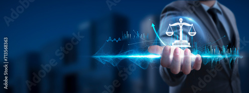 Law. Businessman Holding Icon and Global Network with Analyzing Technological Data, Compliance Measures, Network Connection on Interface Background, Regulatory Compliance, Legal Framework.