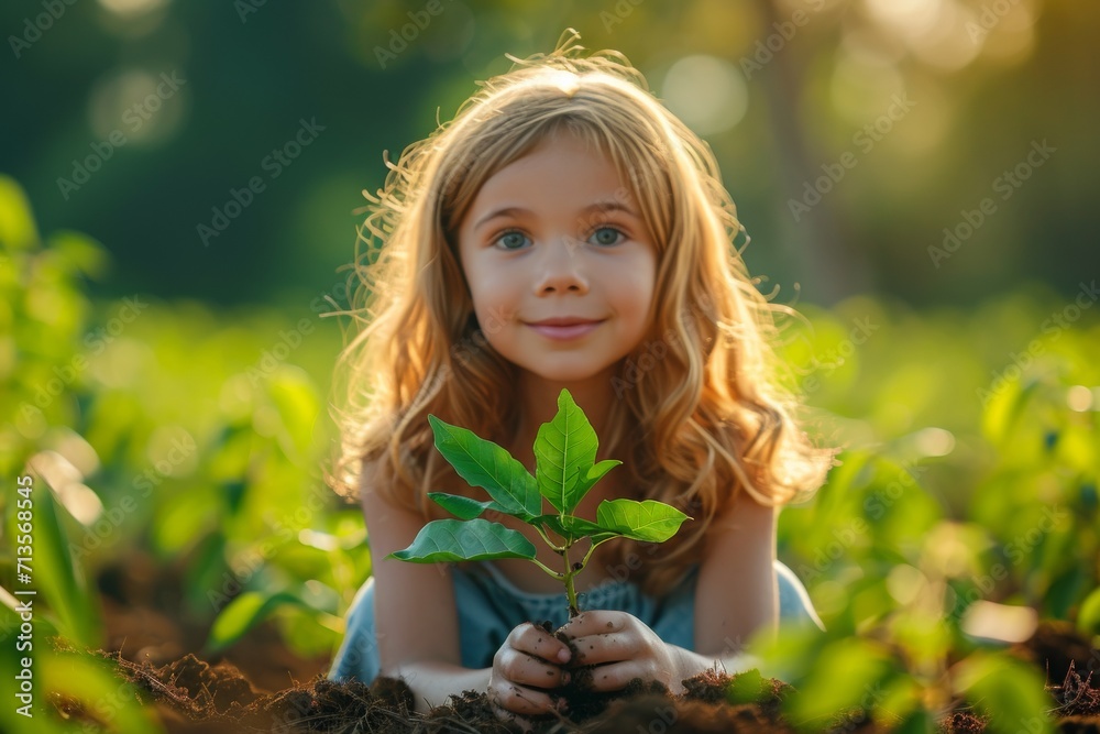 Girl in field holding a plant growing around Girl in field holding a plant growing around