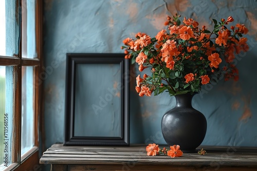 Frame and flowers on the table