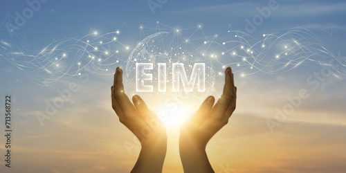 EIM. Man Holding Global Network and Connecting Data of Enterprise Information Management with Business on the Internet, Streamlining Processes, Enhancing Information Flow.