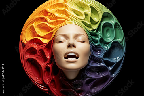 Woman face showcasing a spectrum of emotions arranged in a color wheel, emphasizing the diversity and complexity of feelings photo